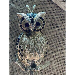 Vintage Gold Tone Owl Brooch With Black Rhinestone Eyes Pin Jewelry
